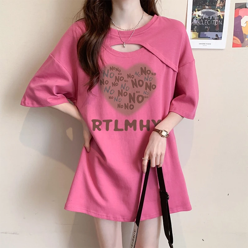 夏季网红时尚百搭短袖T恤女夏季新款韩版宽松大码中长款圆领上衣