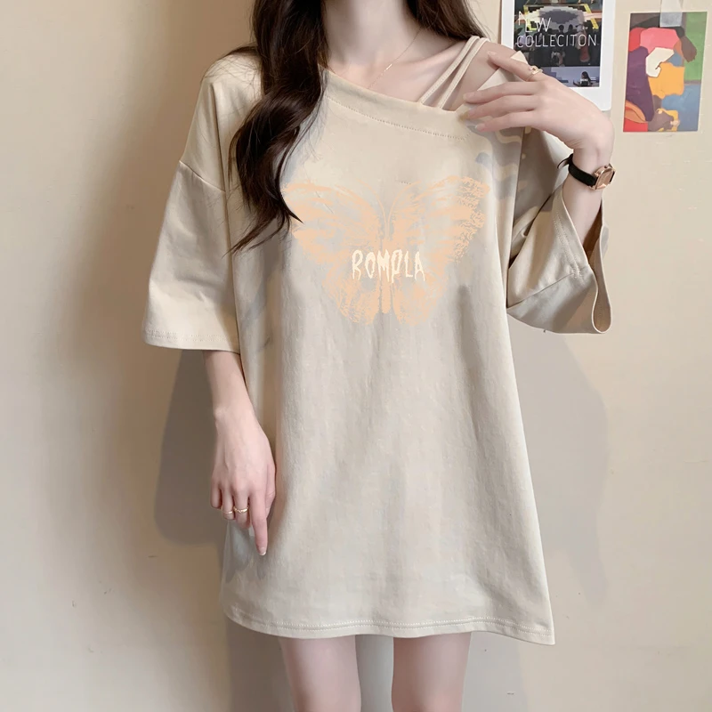 夏季百搭斜肩短袖T恤女2024新款爆款宽松大码休闲设计感半袖上衣