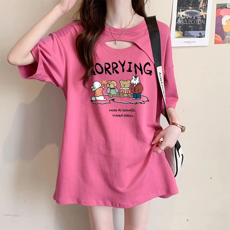 宽松慵懒风大码纯棉短袖T恤女夏季2024新款韩版时尚百搭镂空上衣