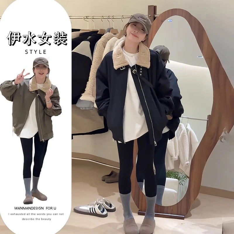 韩版翻领拼接毛领黑色外套女2024秋冬新款宽松显瘦夹棉加厚派克服