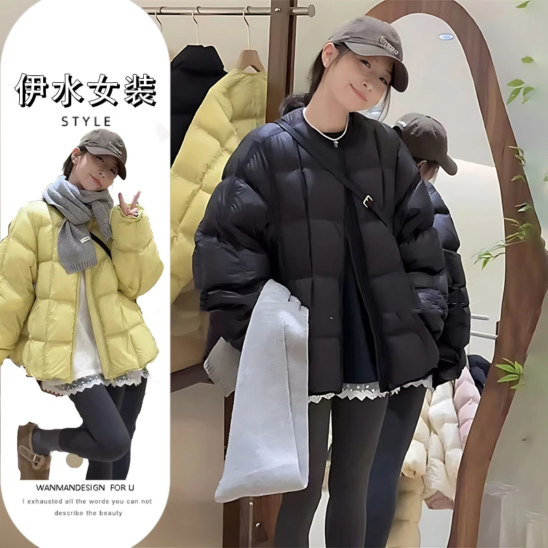 2024冬新款韩系休闲设计感压线方格棉服百搭保暖洋气面包服外套