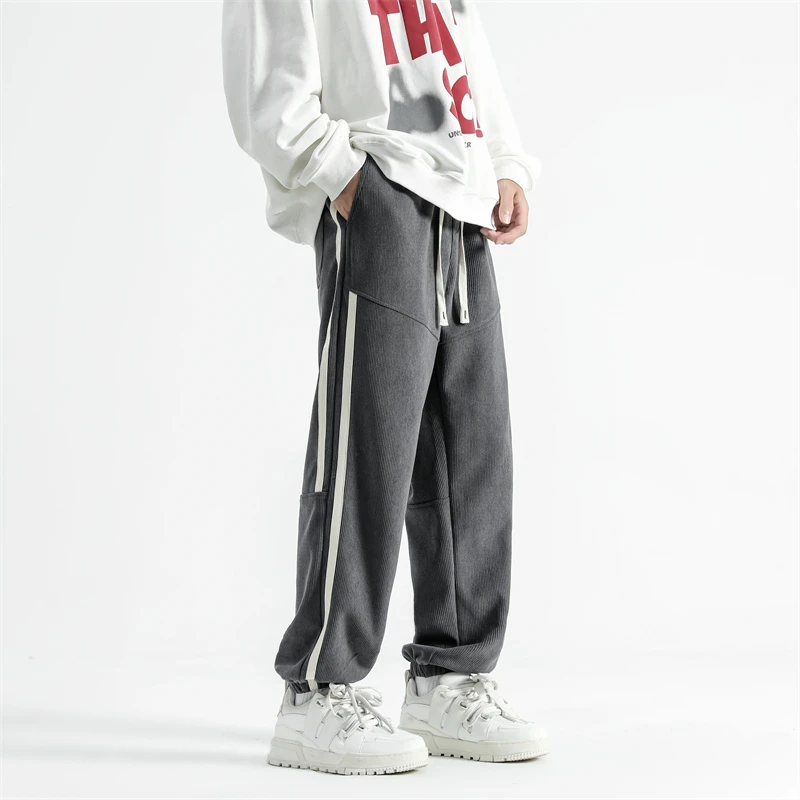 秋冬季厚款条纹灯芯绒休闲裤男松紧腰长裤束脚裤节约百搭宽松高街