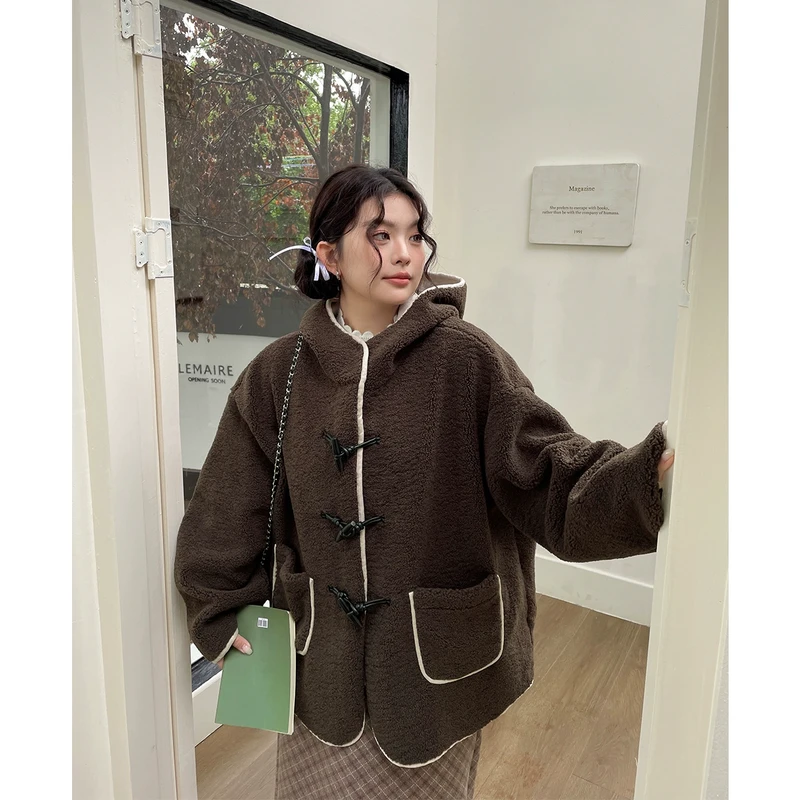 大码时尚百搭加厚宽松中长款慵懒风上衣胖mm羊羔毛百搭时尚外套