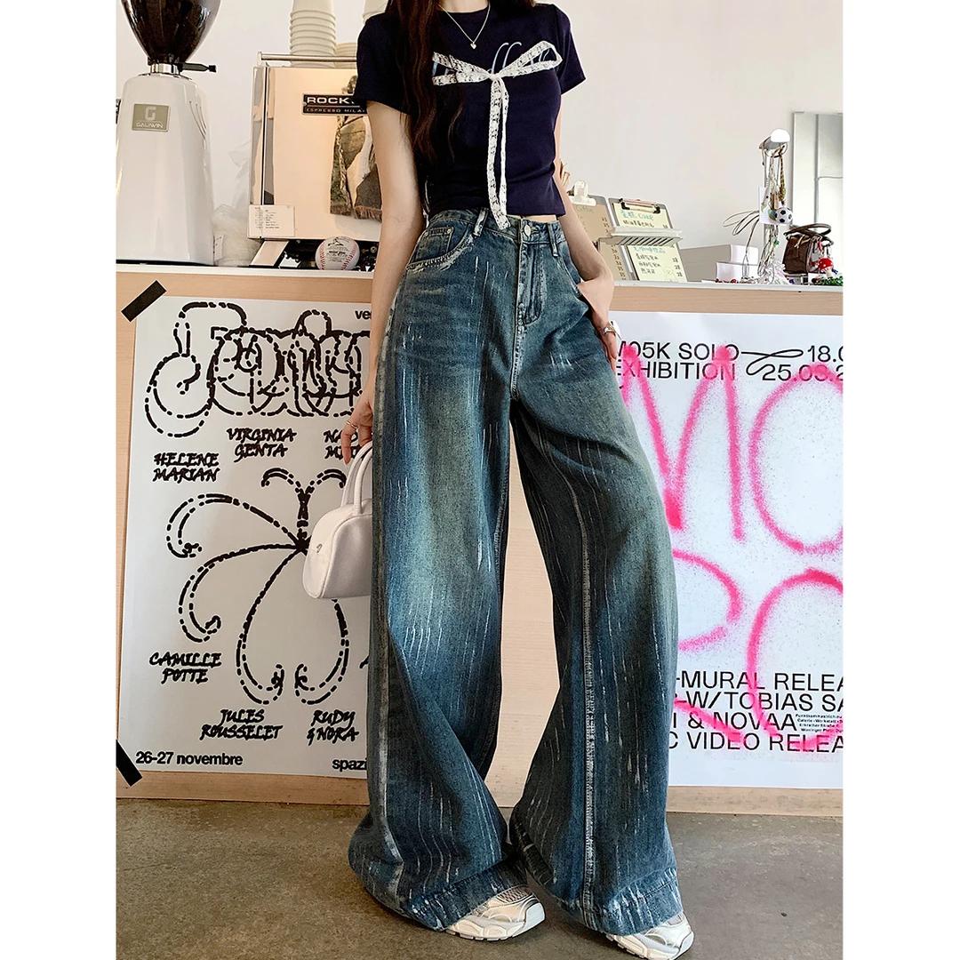 大码胖mm复古甜辣阔腿牛仔裤新款高腰显瘦直筒拖地裤