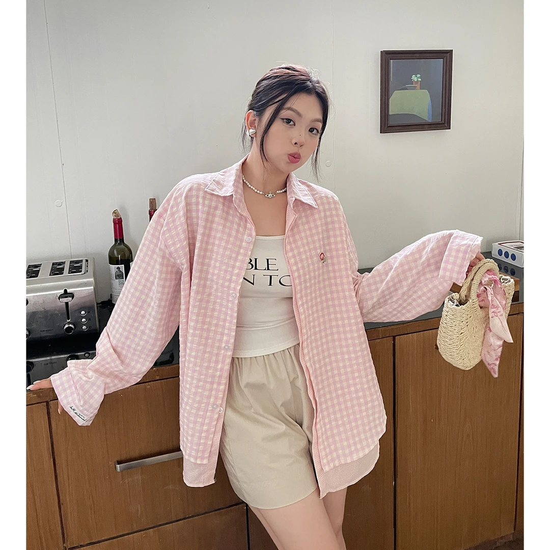 BUMENYLEE夏季新款宽松格子防晒衬衫胖mm女装显瘦遮肉百搭上衣