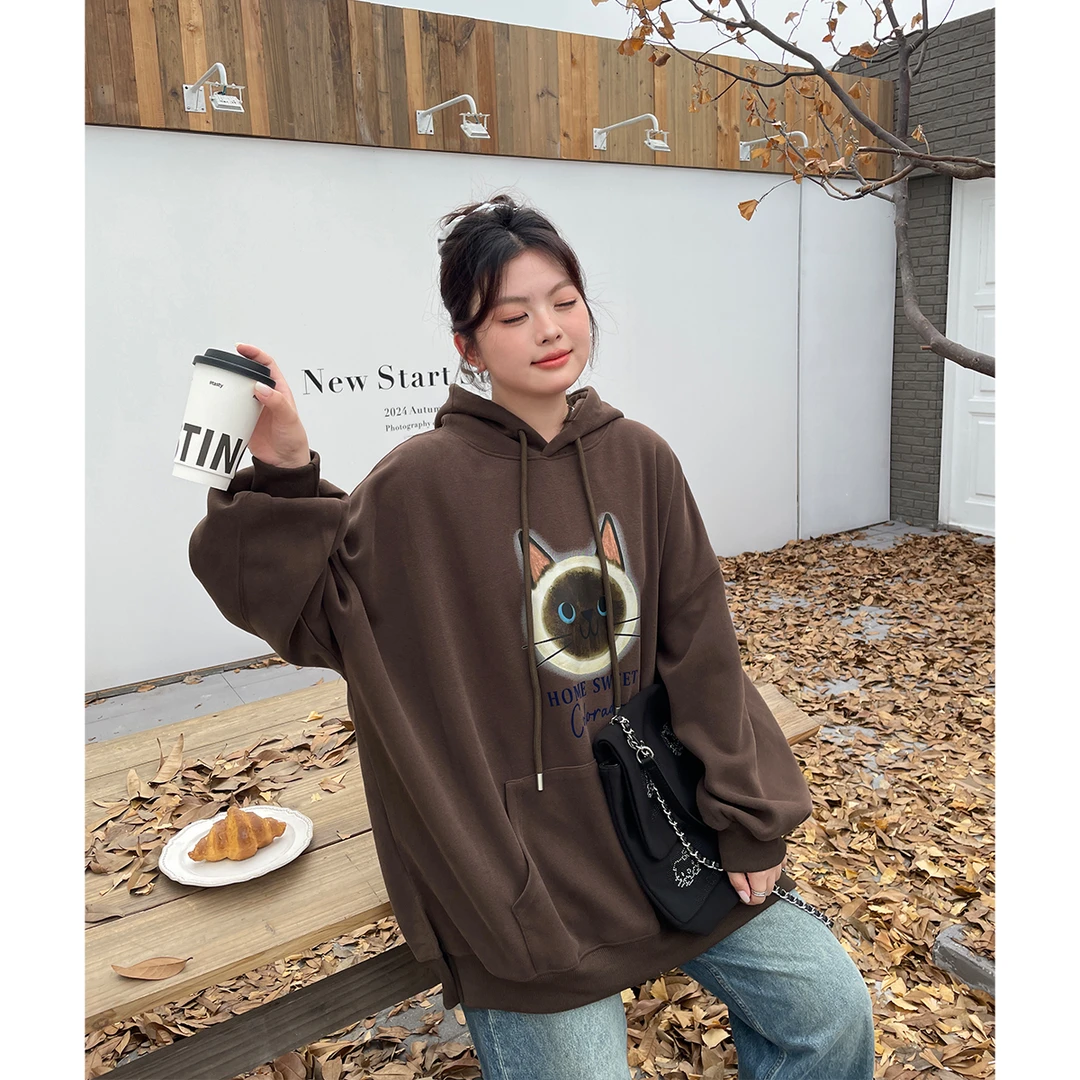 美式复古连帽卫衣春秋薄款宽松慵懒风胖mm上衣