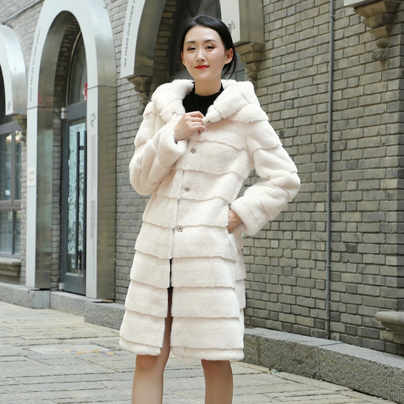 （185#）水貂绒大衣女秋冬新款加厚皮毛一体欧貂绒连帽长款外套女