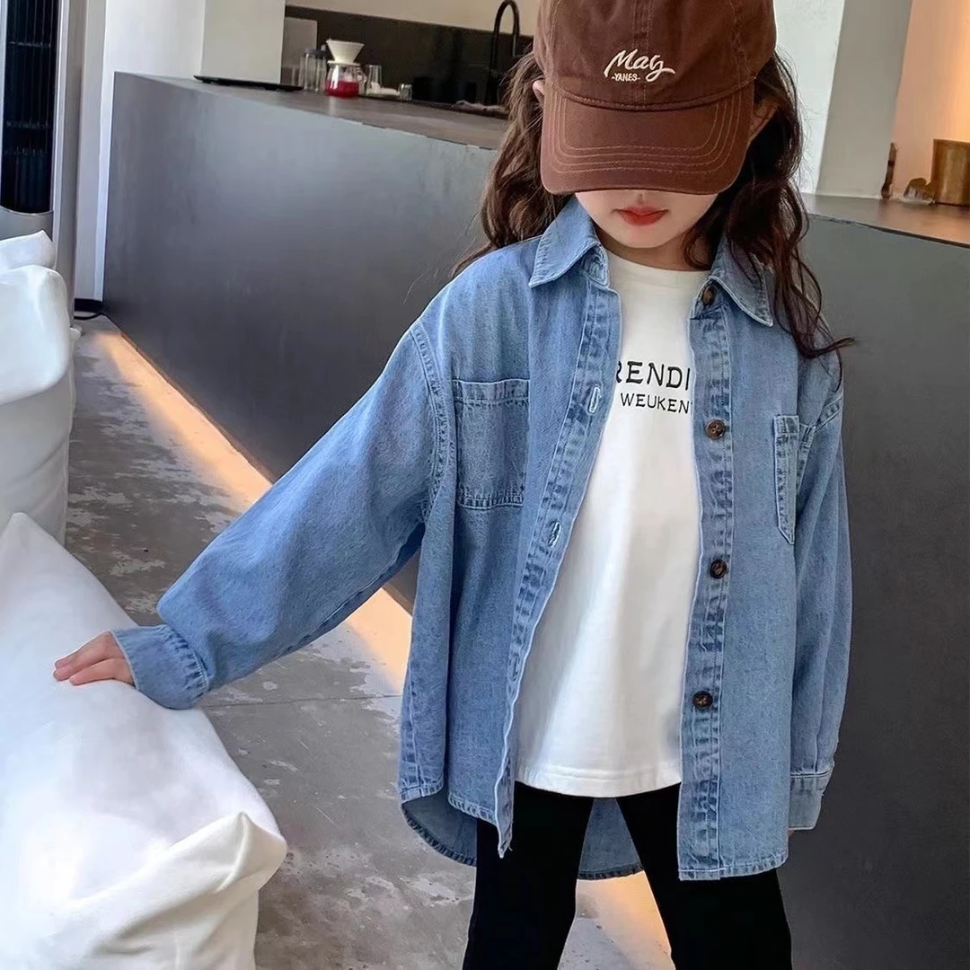 女童牛仔衬衫春秋季2024新款儿童韩版洋气衬衣小女孩春秋薄款外套