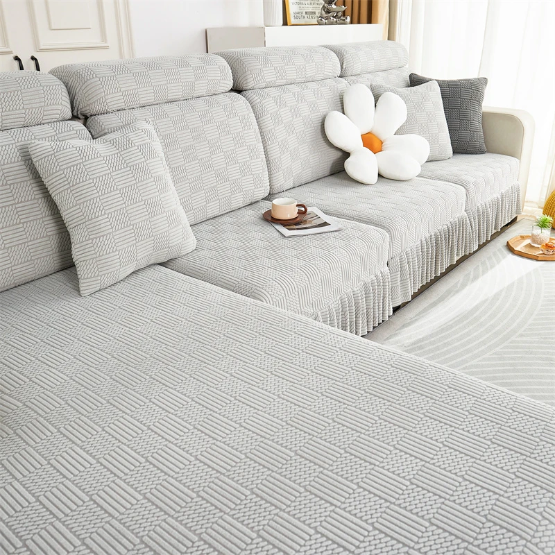 (颜纹裙边)纯色防猫抓沙发套防滑沙发笠四季通用靠背巾盖布套罩
