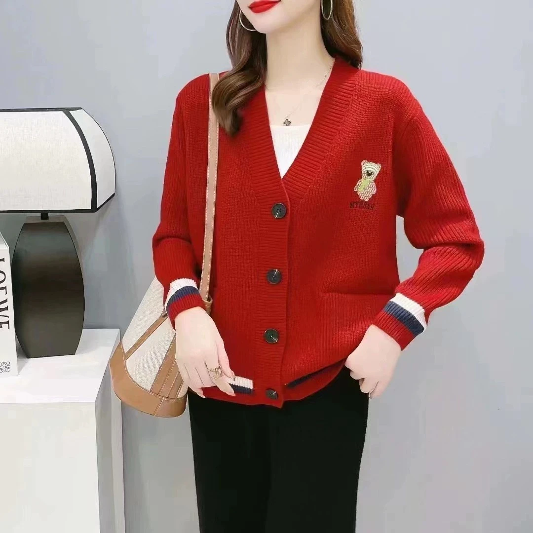 【酒红色--刺绣小熊开衫】新款刺绣针织外套女春秋季宽松百搭