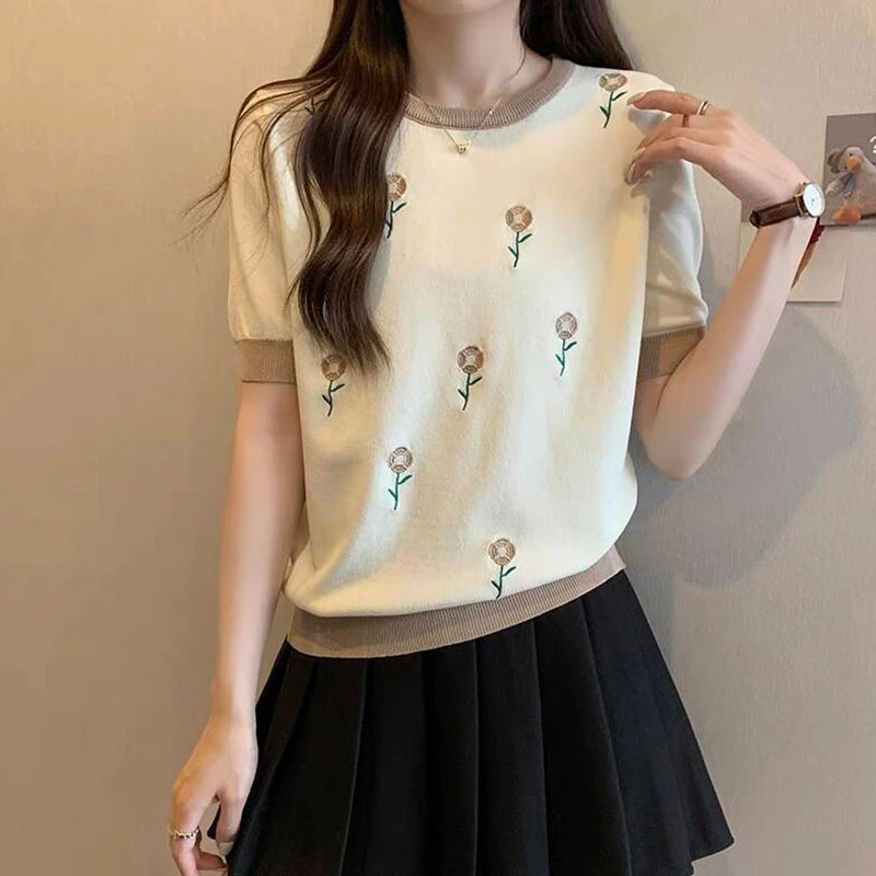 534#【刺绣小花朵短袖】工艺版新款针织短袖上衣女夏季宽松显瘦