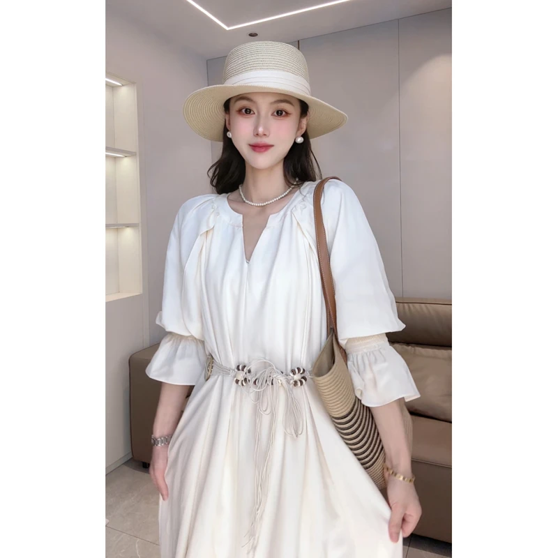 【老板娘专属】慵懒风女夏季季纱布V领连衣裙宽松外穿显瘦裙子