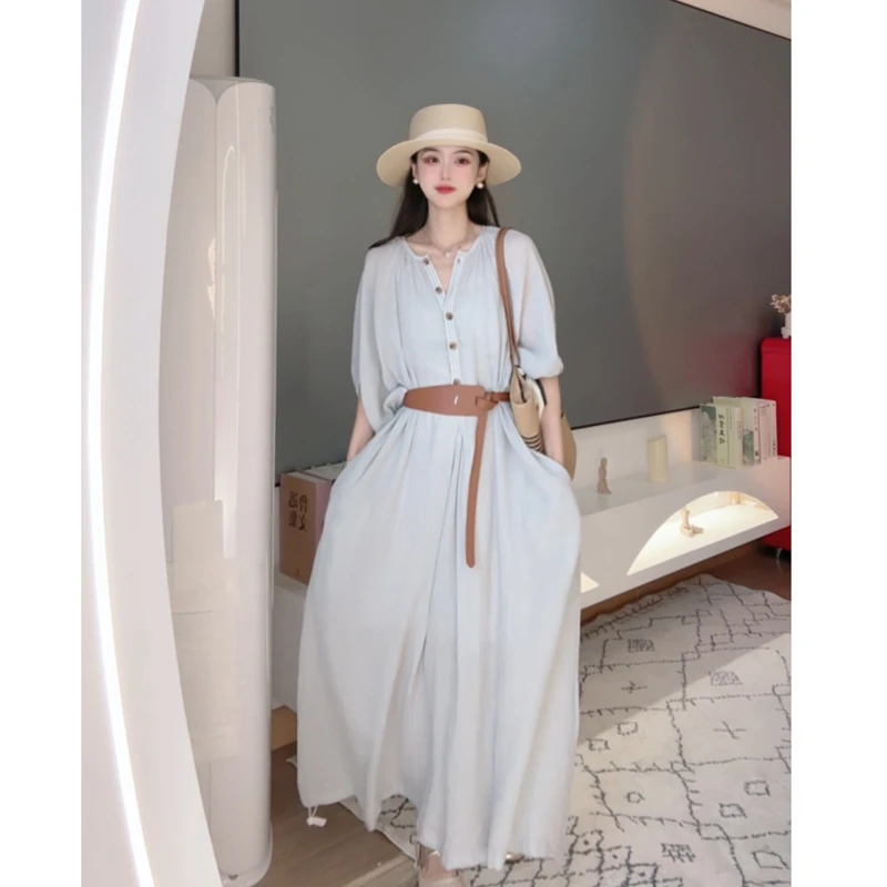 【七安定制】夏季新款设计感轻熟风连衣裙女束腰时尚气质长裙子6633