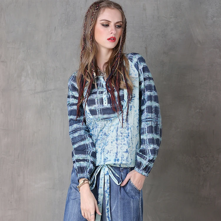 【可可原创】复古小众格子上衣宽松印花大码长袖衬衫女休闲B9109