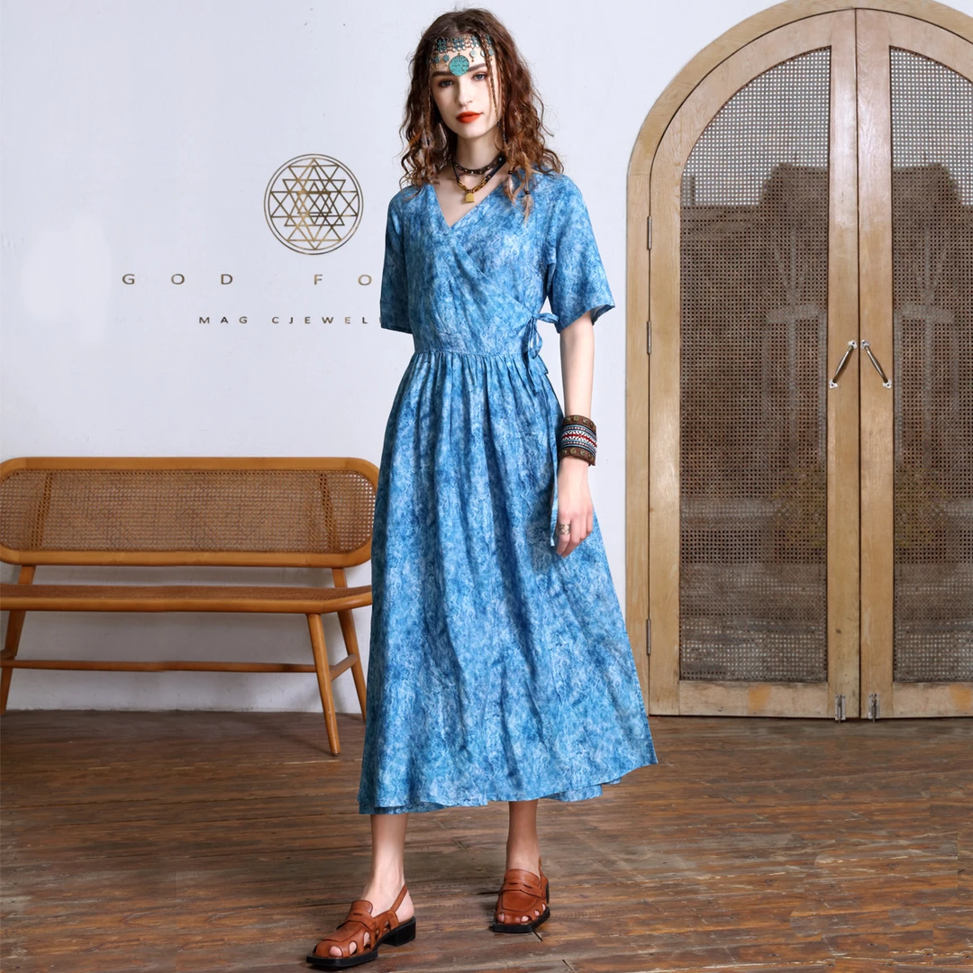 【可可原创】2025夏季气质中袖V领收腰显瘦系带长裙扎染连衣裙82510