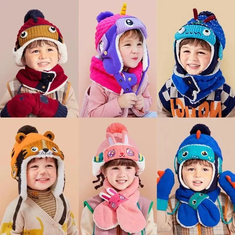 宝宝儿童帽子小孩加厚加绒保暖护耳宝宝雷锋帽新年虎头帽围巾手套