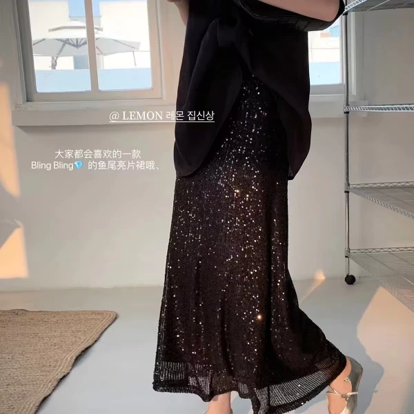春夏季新款人鱼姬开叉黑色半身裙女中长款显瘦生日穿搭高腰裙气质