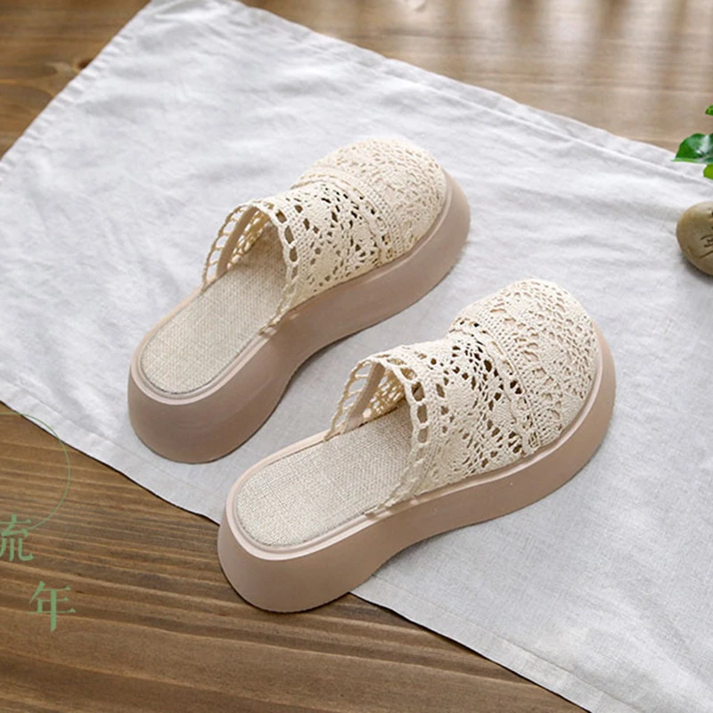 厚底法式半包头拖鞋女夏季外穿新款蕾丝镂空网面鞋配裙子棉麻凉拖
