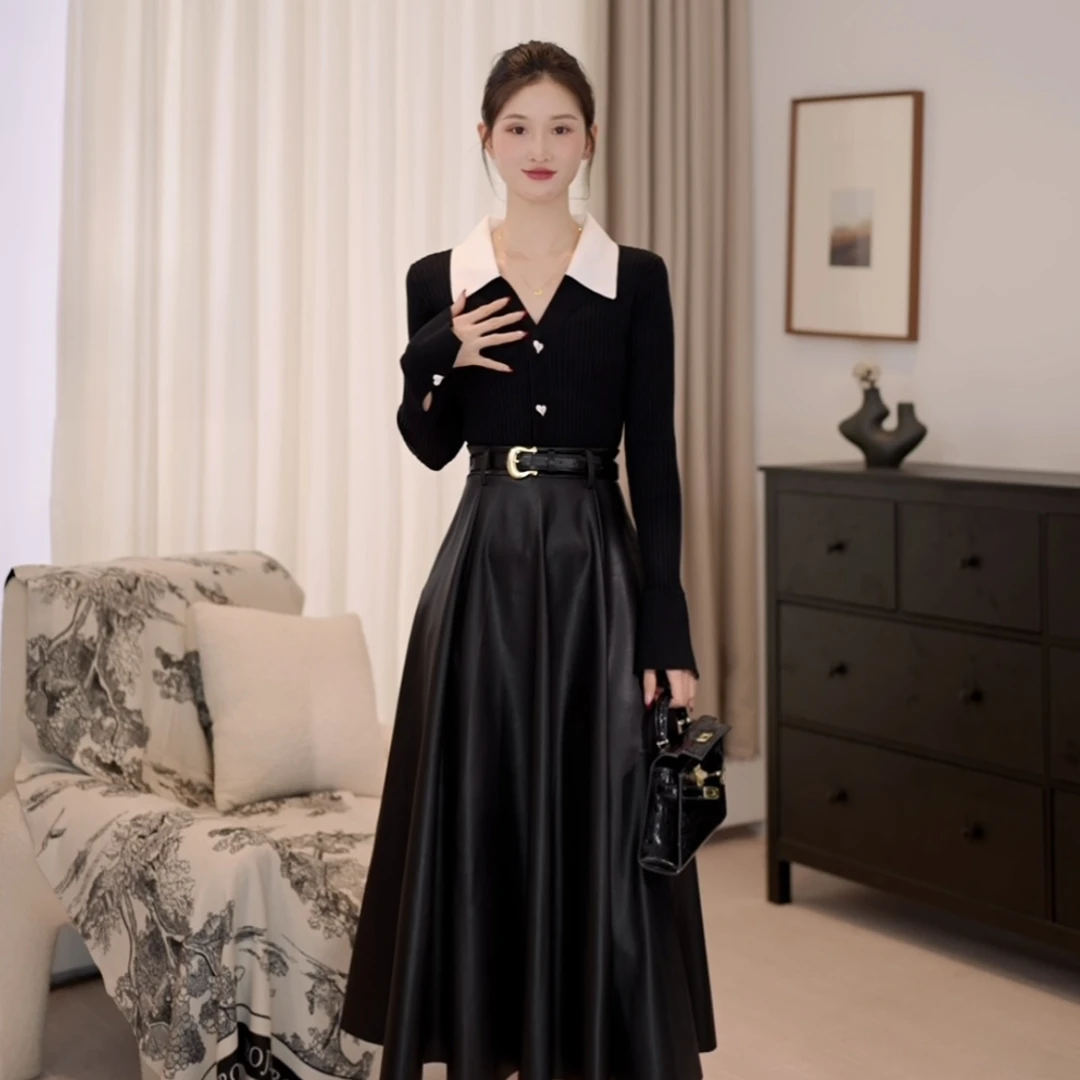 拉夏贝尔25现货秋新显瘦气质天丝羊毛内搭毛衣+皮裙 10156 LSC