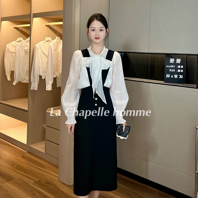 拉夏贝尔25现货清仓法式气质优雅设计感百搭背带连衣裙 7828 RQC