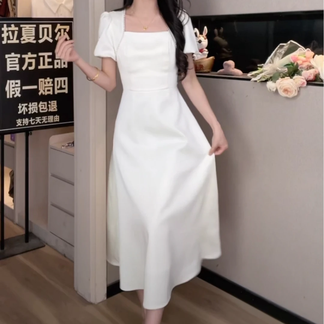 拉夏贝尔25现货清仓短袖法式收腰显瘦修身方领连衣裙 1849 RQC