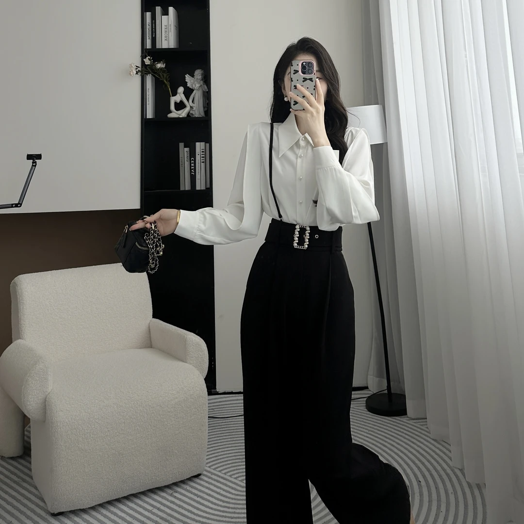 拉夏贝尔25现货秋新气质收腰显瘦轻熟风上衣衬衫＋裤子 10035 LSC