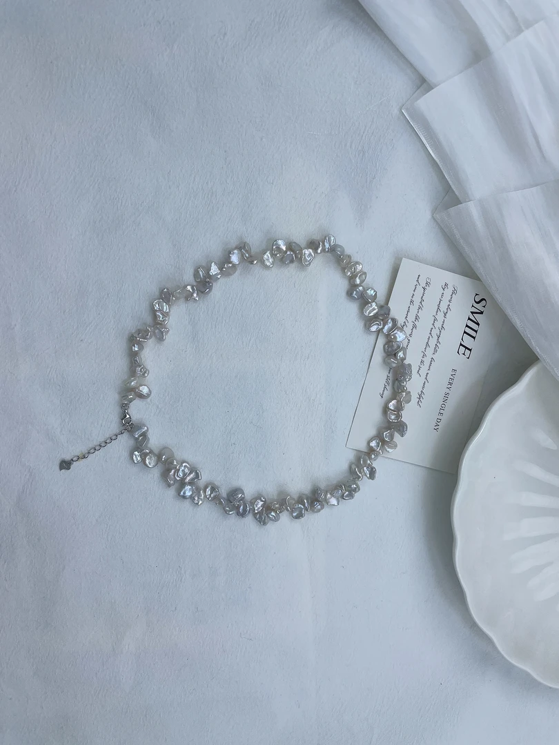 天然淡水珍珠无核珍珠3766#巴洛克银蓝S925银花瓣珍珠项链