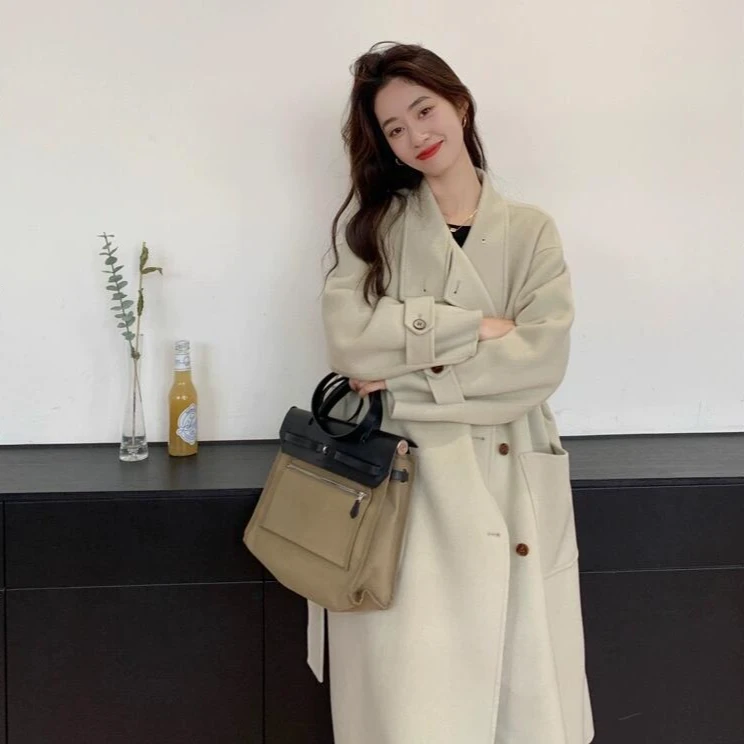 【娜娜自创】2024新款双面尼绵羊毛大衣立领中长款韩版外套 2308