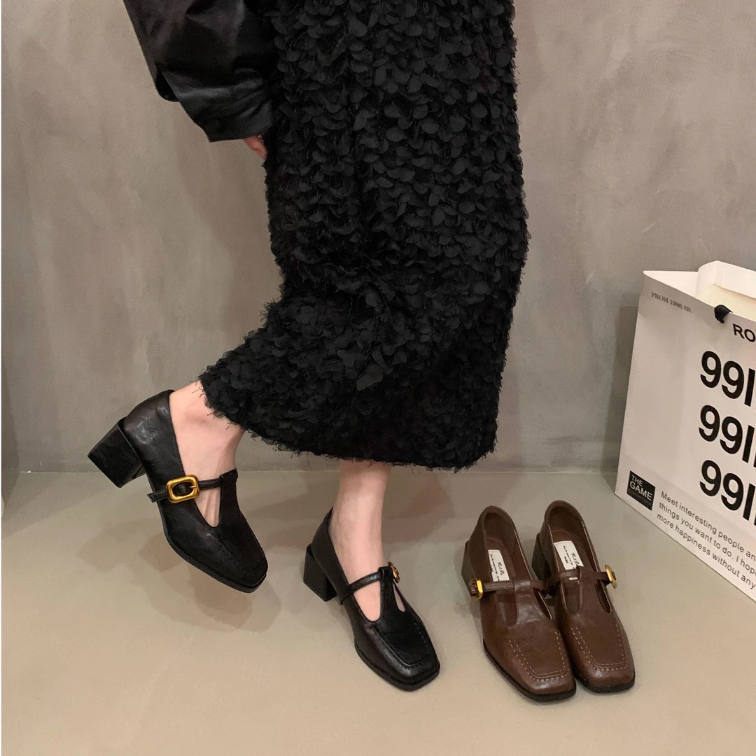 小众设计感粗跟单鞋乐福鞋早秋方头小皮鞋法式复古玛丽珍鞋女鞋子
