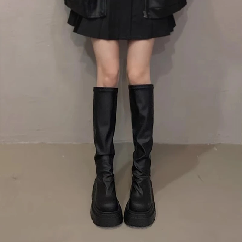 堆堆靴子女款2024年新款小个子长筒靴早秋季高筒骑士黑色中筒长靴