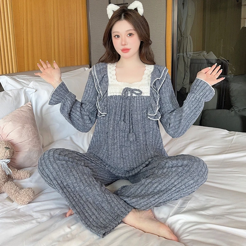 睡衣女春秋磨毛花边高档可外穿女士家居服套装网红纯欲长袖睡衣女