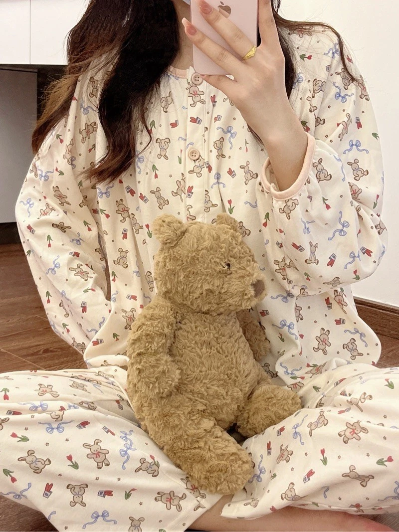 睡衣女套装春秋长袖长裤可爱小兔宽松学生甜美卡通可外穿家居服女