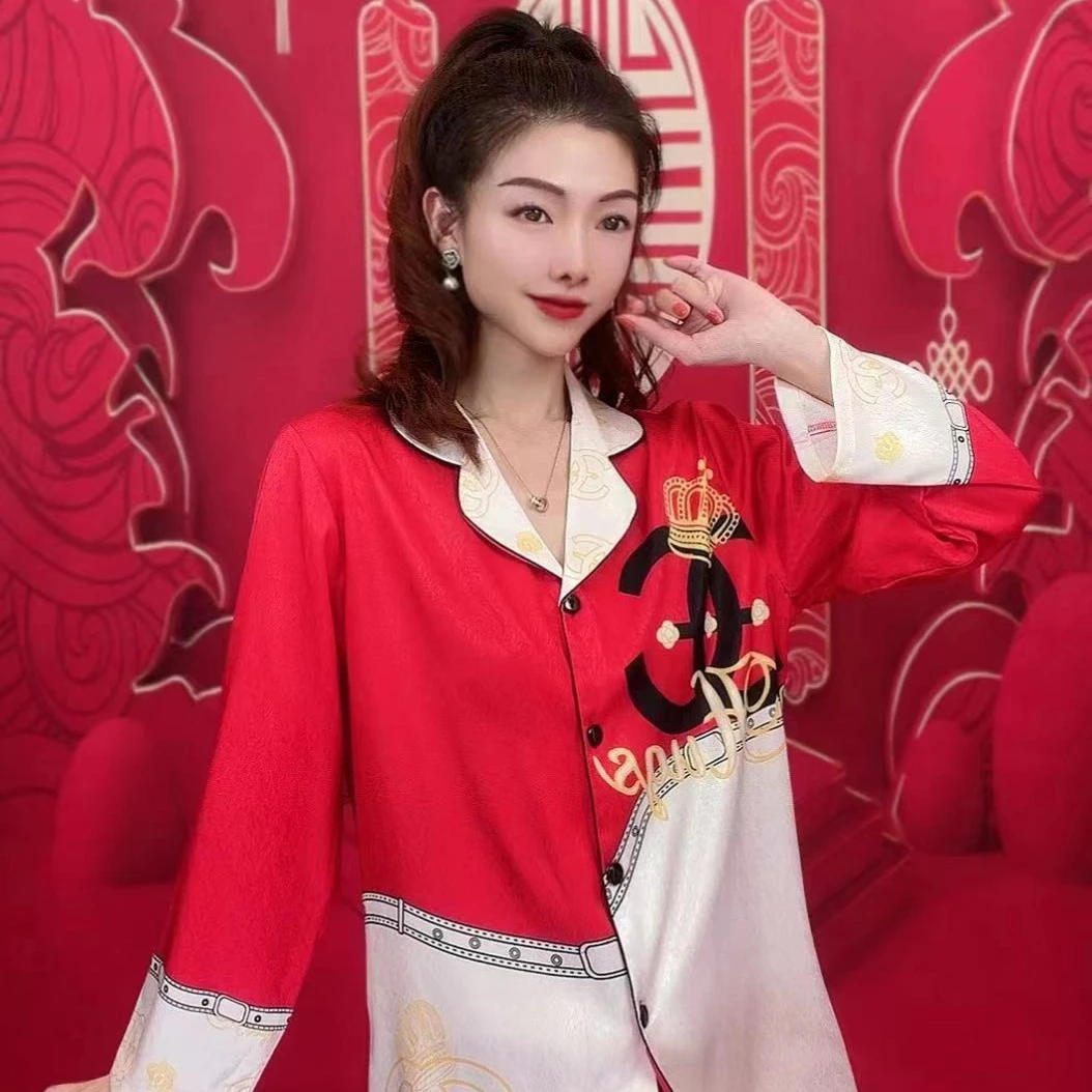 【中国红】睡衣夏季薄款套装家居服时尚女士印花睡衣夏季薄款套装