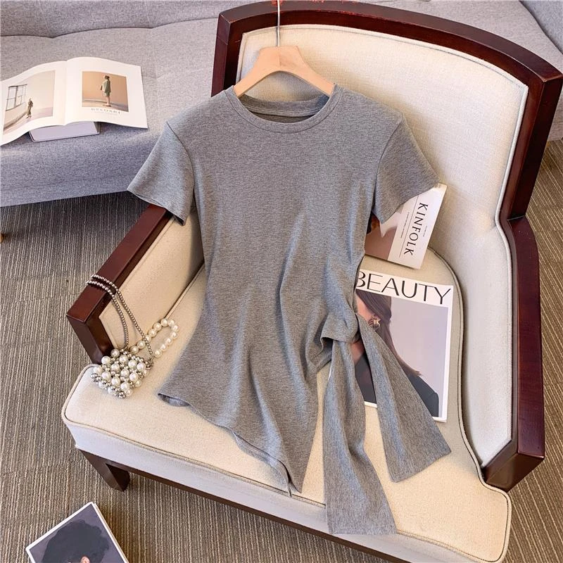 御姐不规则侧开叉绑带正肩t恤女辣妹纯欲别致修身显瘦掐腰上衣夏