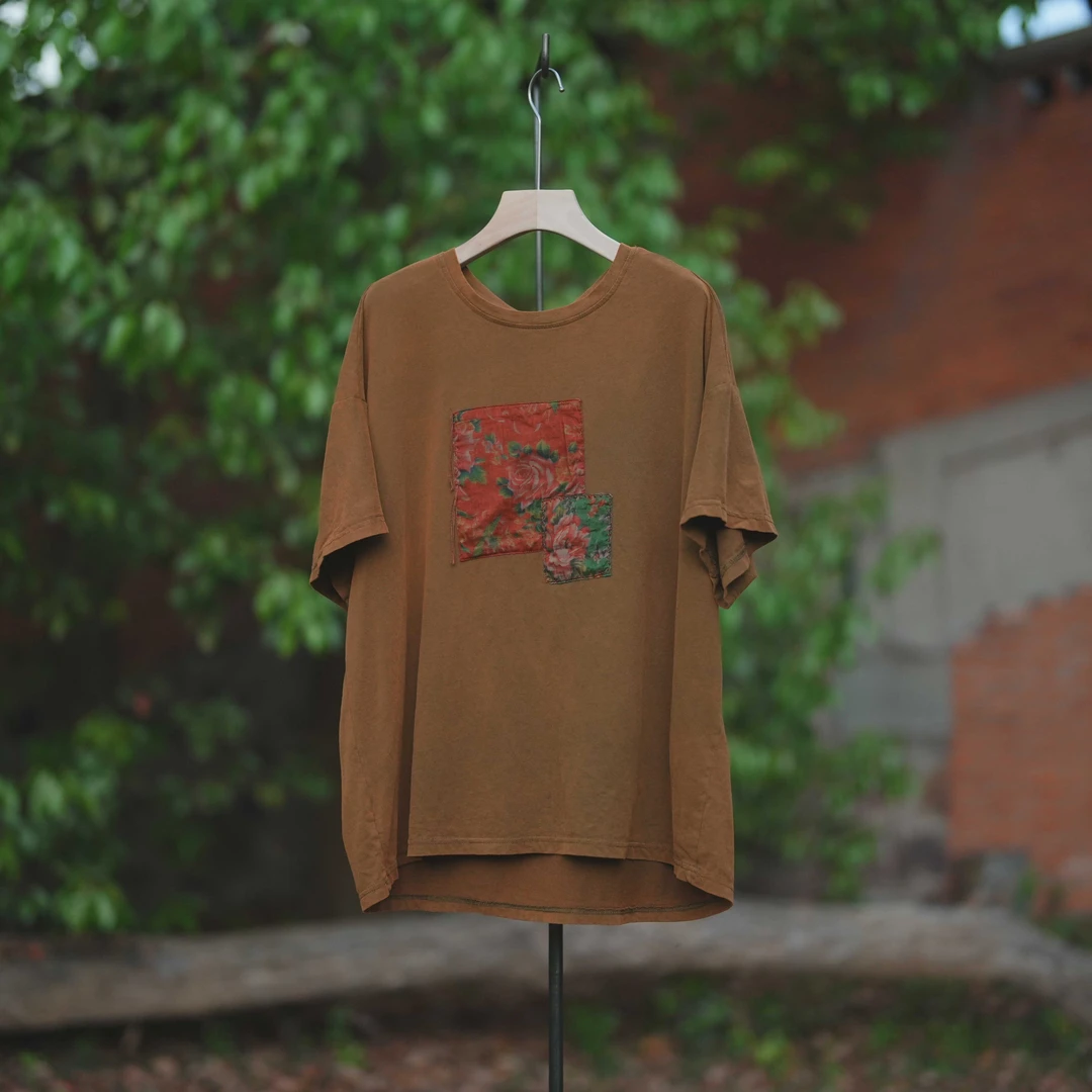 布衣分享 240336 休闲百搭双拼补丁短袖T恤