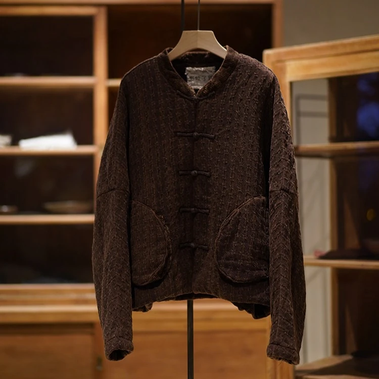 布衣分享 220820 原创定制  秋冬复古做旧盘扣丝质立领短款外套