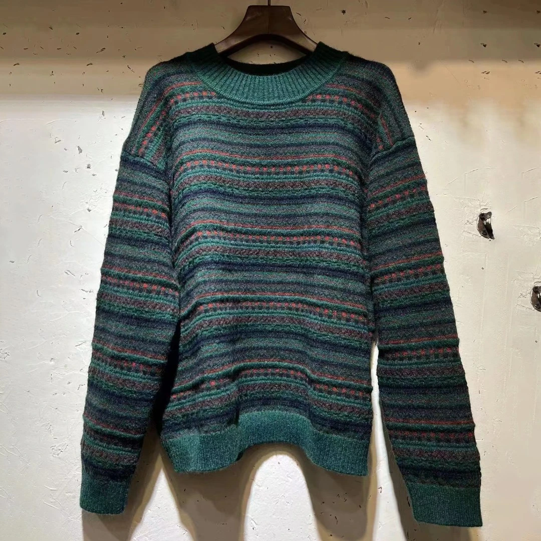 布衣分享 W1104 衣路走来 文艺复古条纹混纺圆领套头针织毛衣时尚