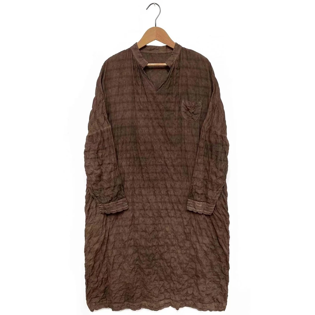 【7折款】左岸迷香  Z22SS1003  植物染泥色立领棉质长款连衣裙女装