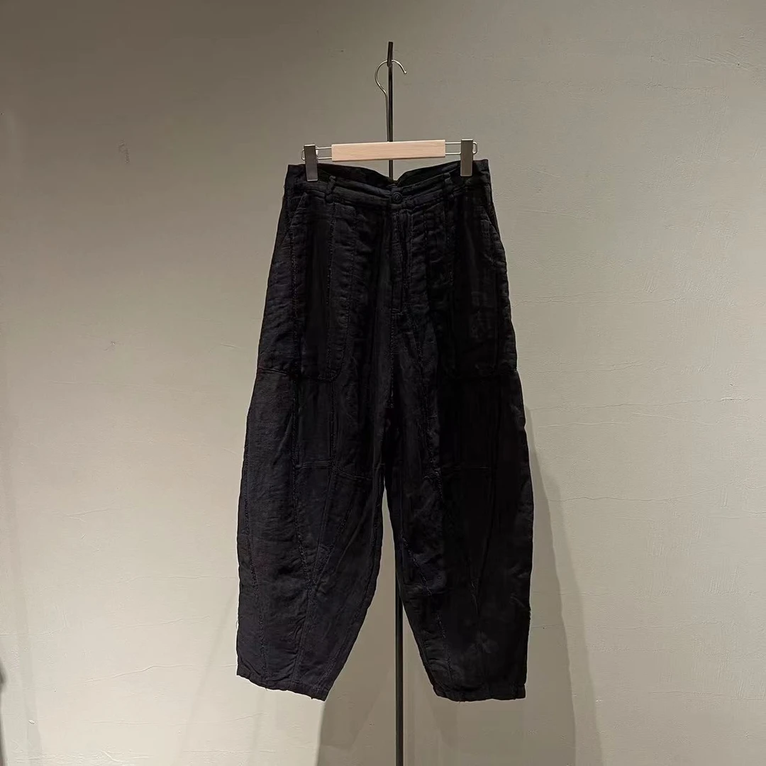 左岸迷香 Z22SS3055 布衣分享亚麻条纹毛边休闲裤牛仔时尚黑色