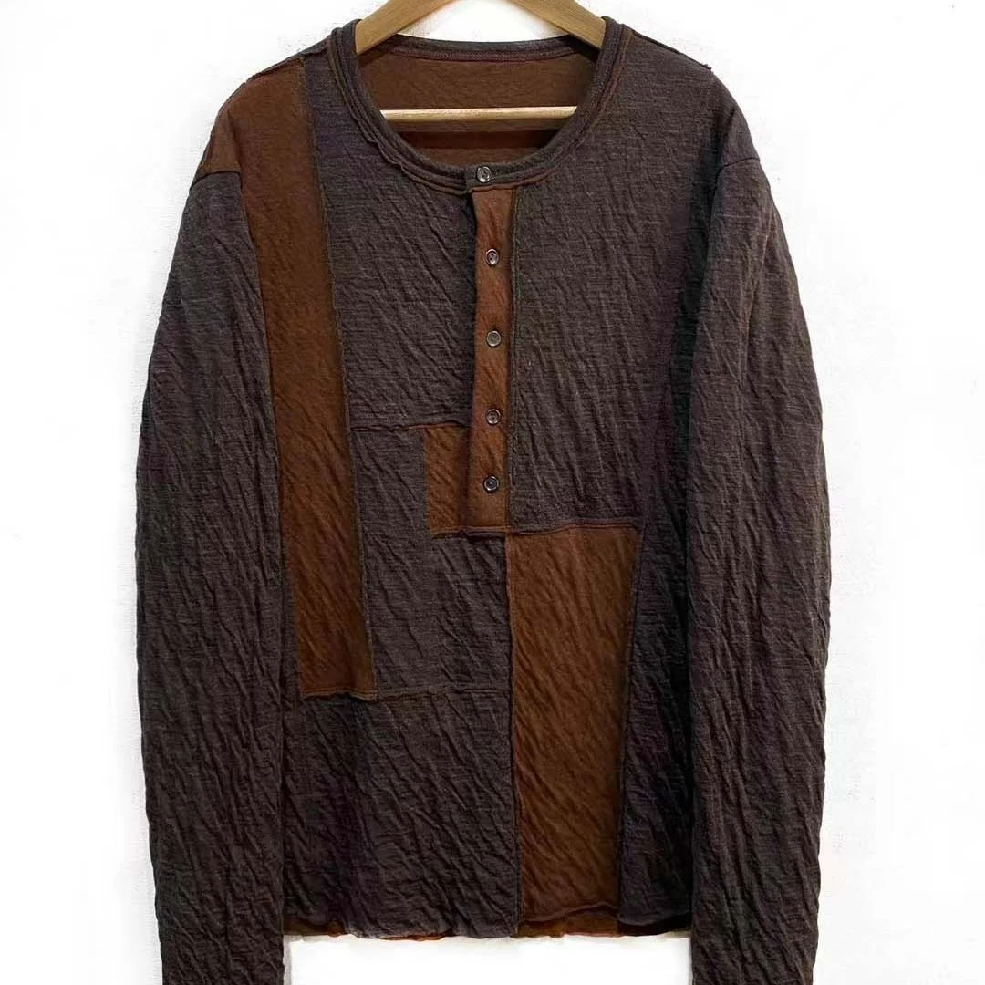 【7折款】 Z22FW4016左岸迷香 半开扣拼接圆机针织T恤上衣长袖