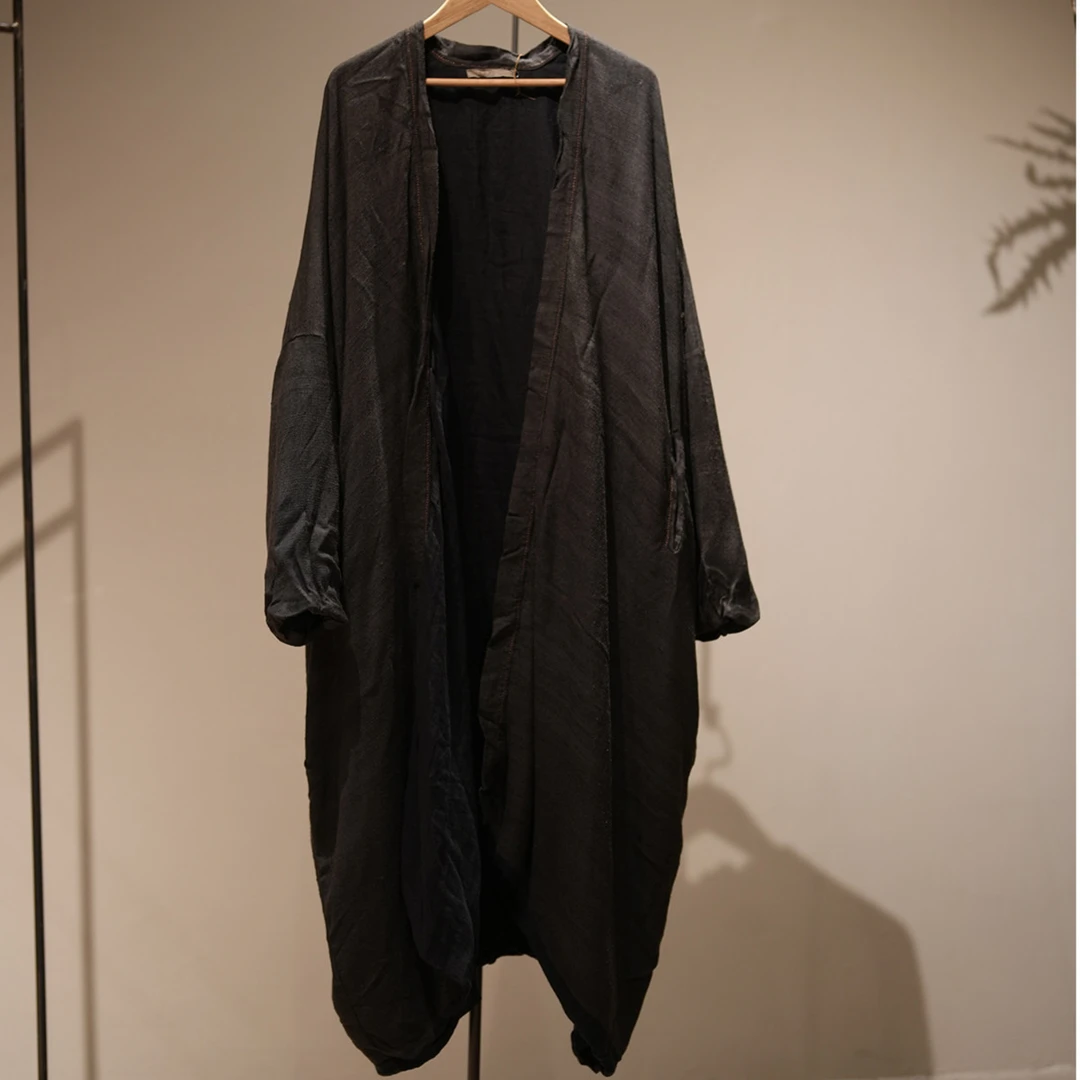【7折款】53752左岸迷香 宽松丝质长外套风衣黑色中长款中式中国风