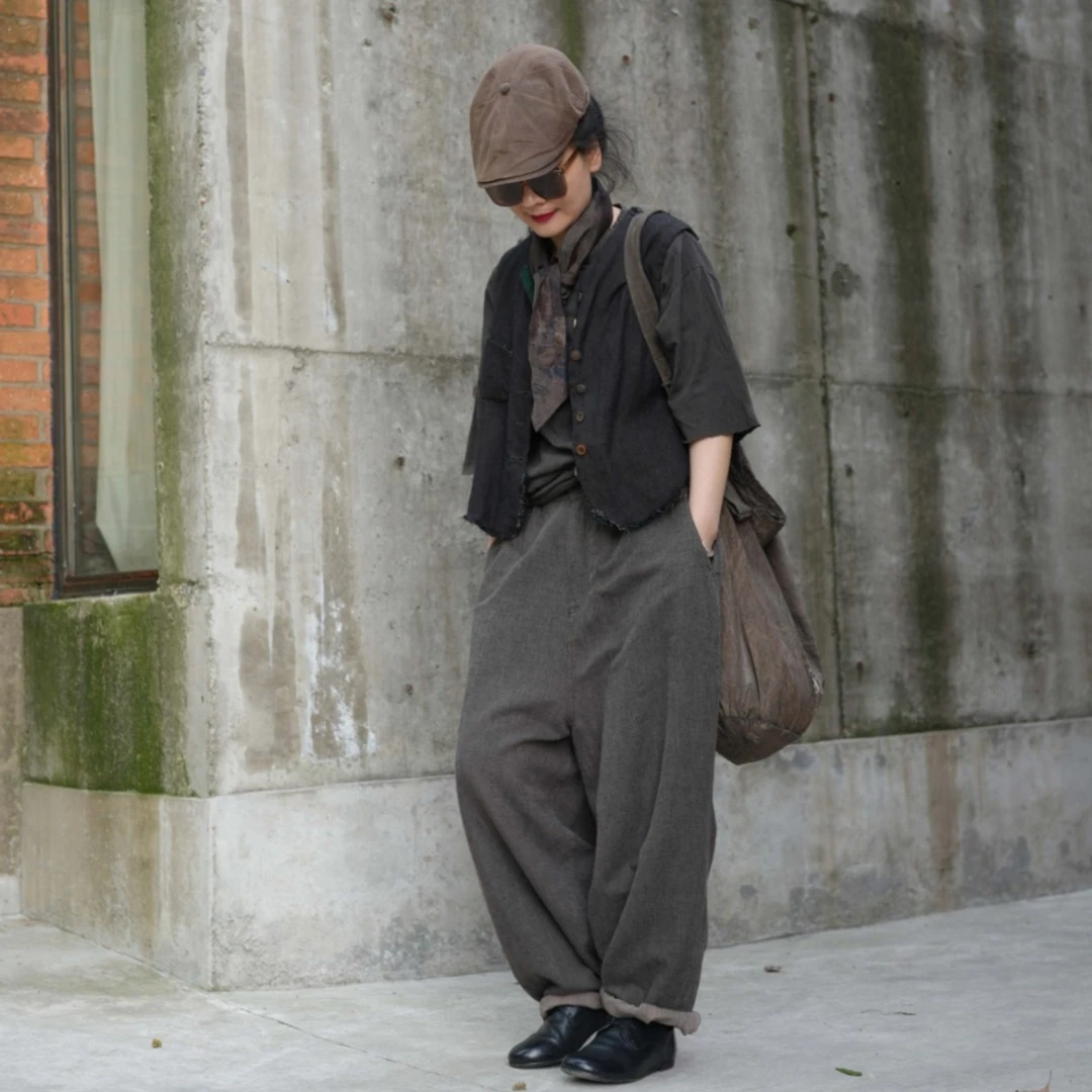 【7折款】左岸迷香 Z22SS3059 复古做旧灰条半松紧腰百搭亚麻休闲裤