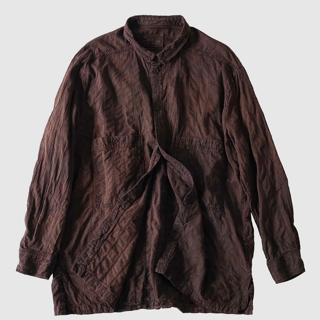 布衣分享 W23137 几见植物染休闲竖条纹工装口袋茄皮紫衬衫外套