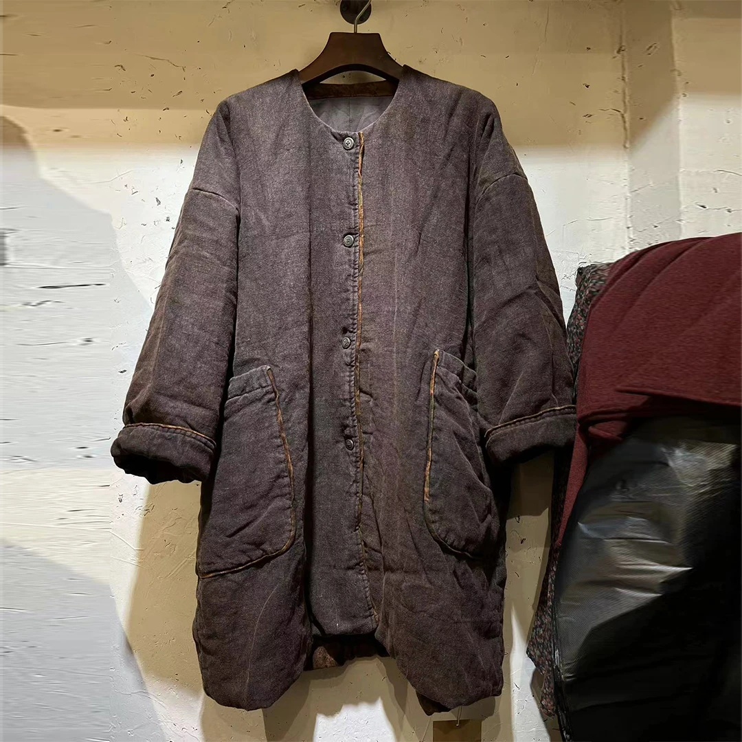 布衣分享 38270 衣路走来秋冬休闲麻质大口袋中长款保暖棉衣外套