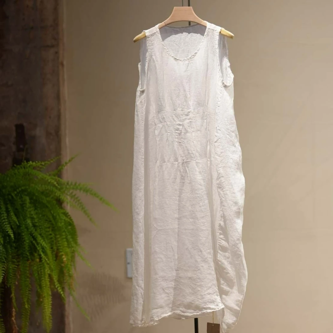 布衣分享 W92522 几见 无袖白色亚麻连衣裙针织时尚