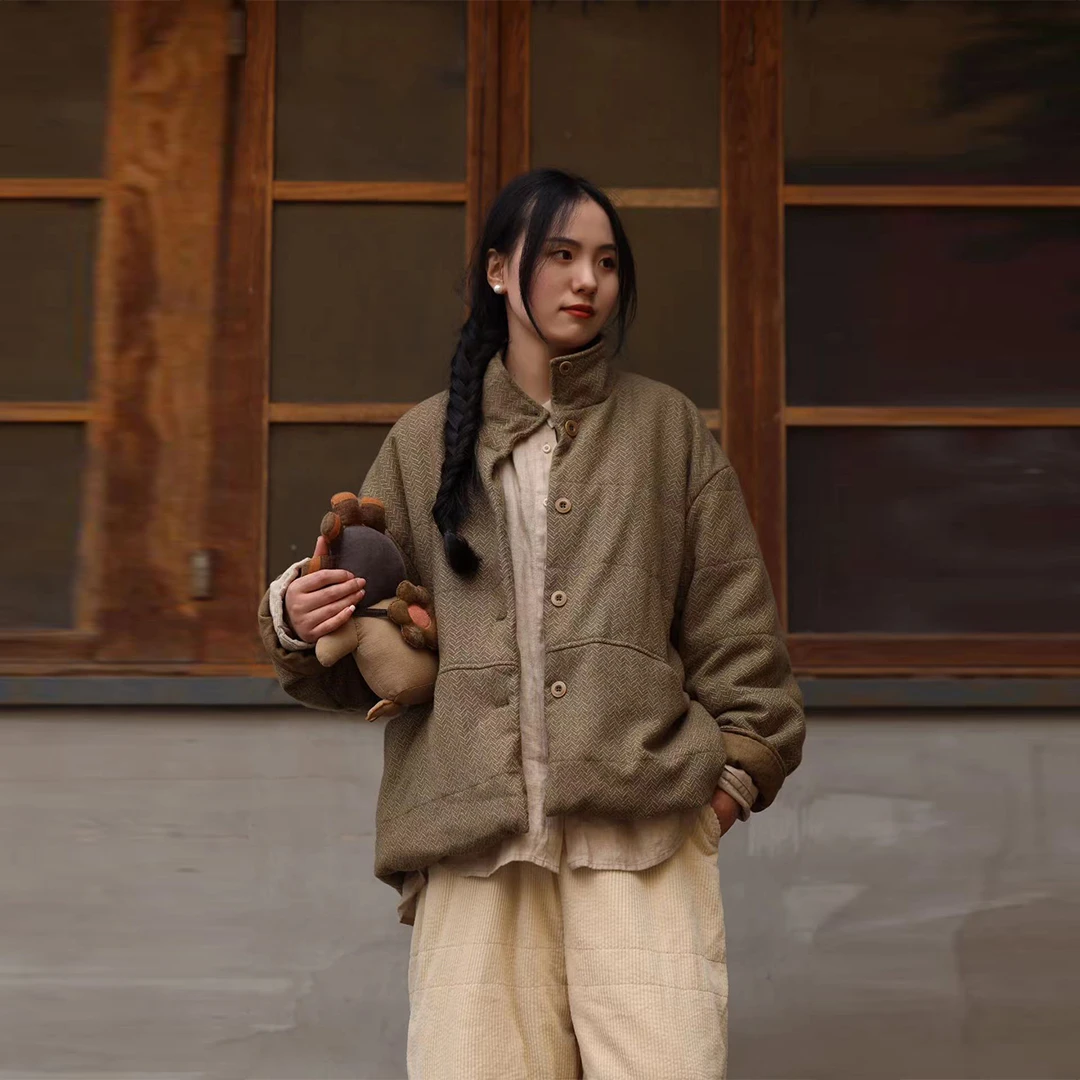 布衣分享 38336 衣路走来秋冬休闲百搭羊毛混纺印花棉衣保暖外套