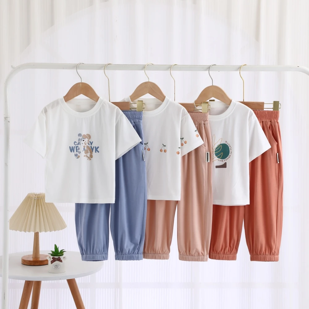 A类夏季莫赛尔睡衣套装男孩女孩短袖洋气空调服家居套M-8808-1