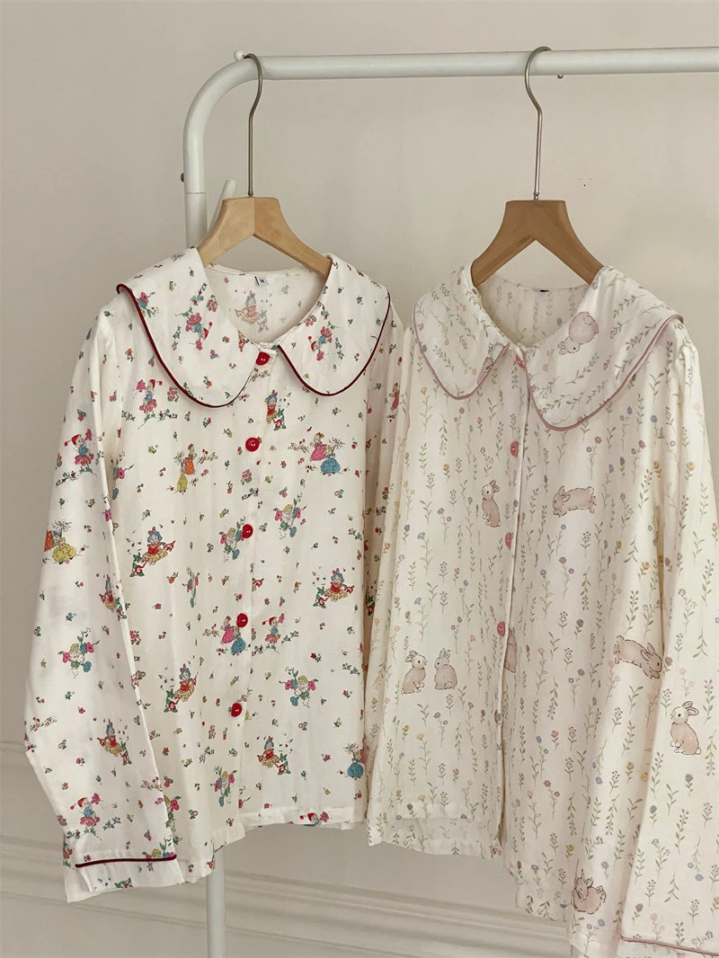 陌维秋季纯棉双层纱家居服ins风新款透气翻领长袖长裤睡衣套装