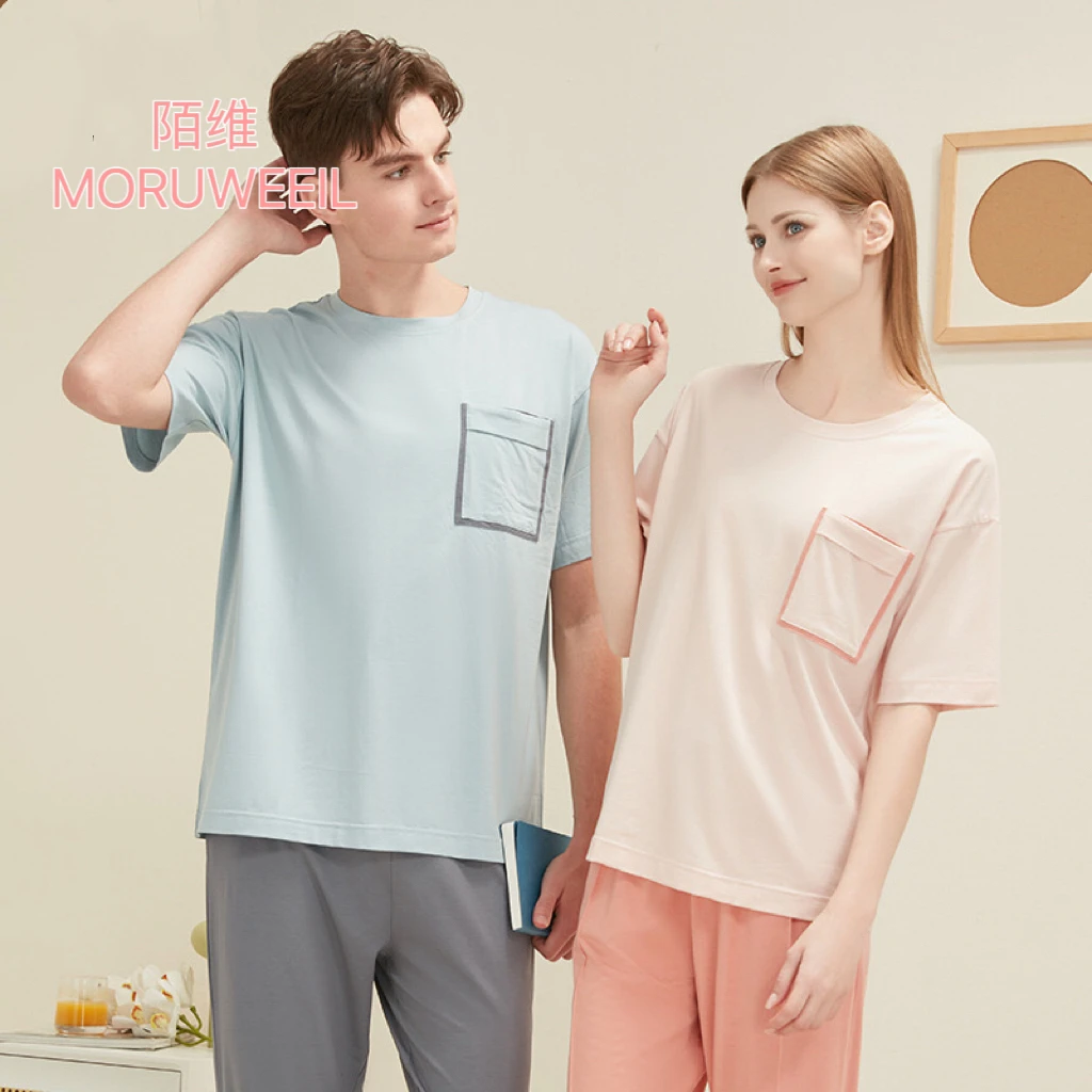 【陌维】无颜专柜春夏情侣兰精莫代尔棉套头休闲宽松落肩男士睡衣套