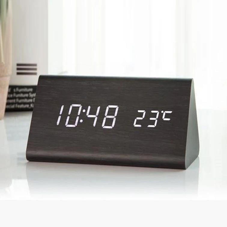 北欧木质木纹闹钟时钟电子钟静音夜光创意简约学生多功能复古台钟